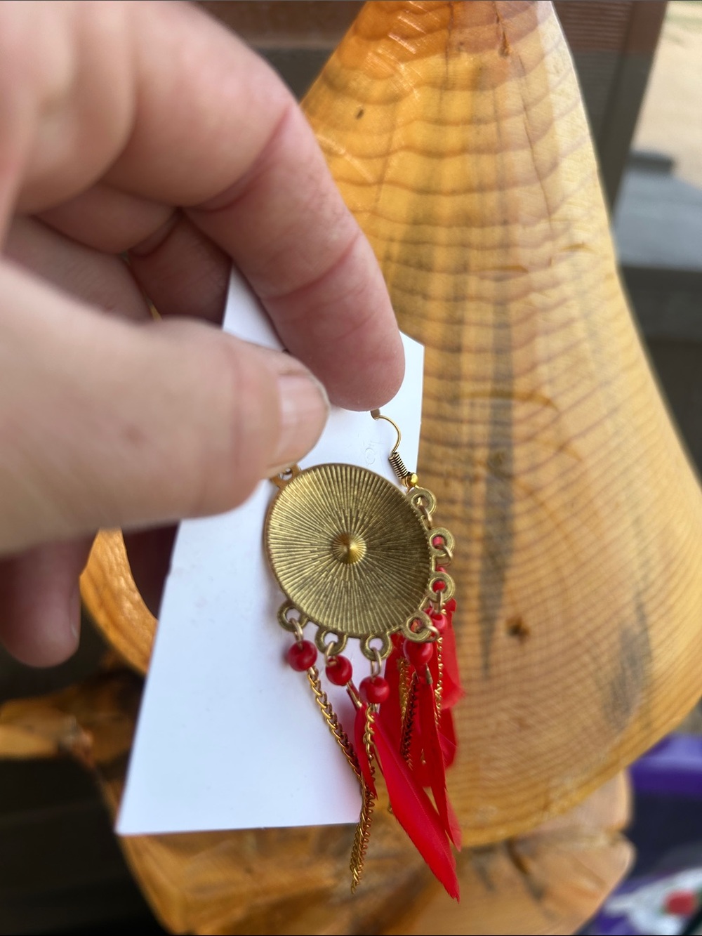 Red Feather Drop Earrings with Gold Medallions - Picture 8 of 8